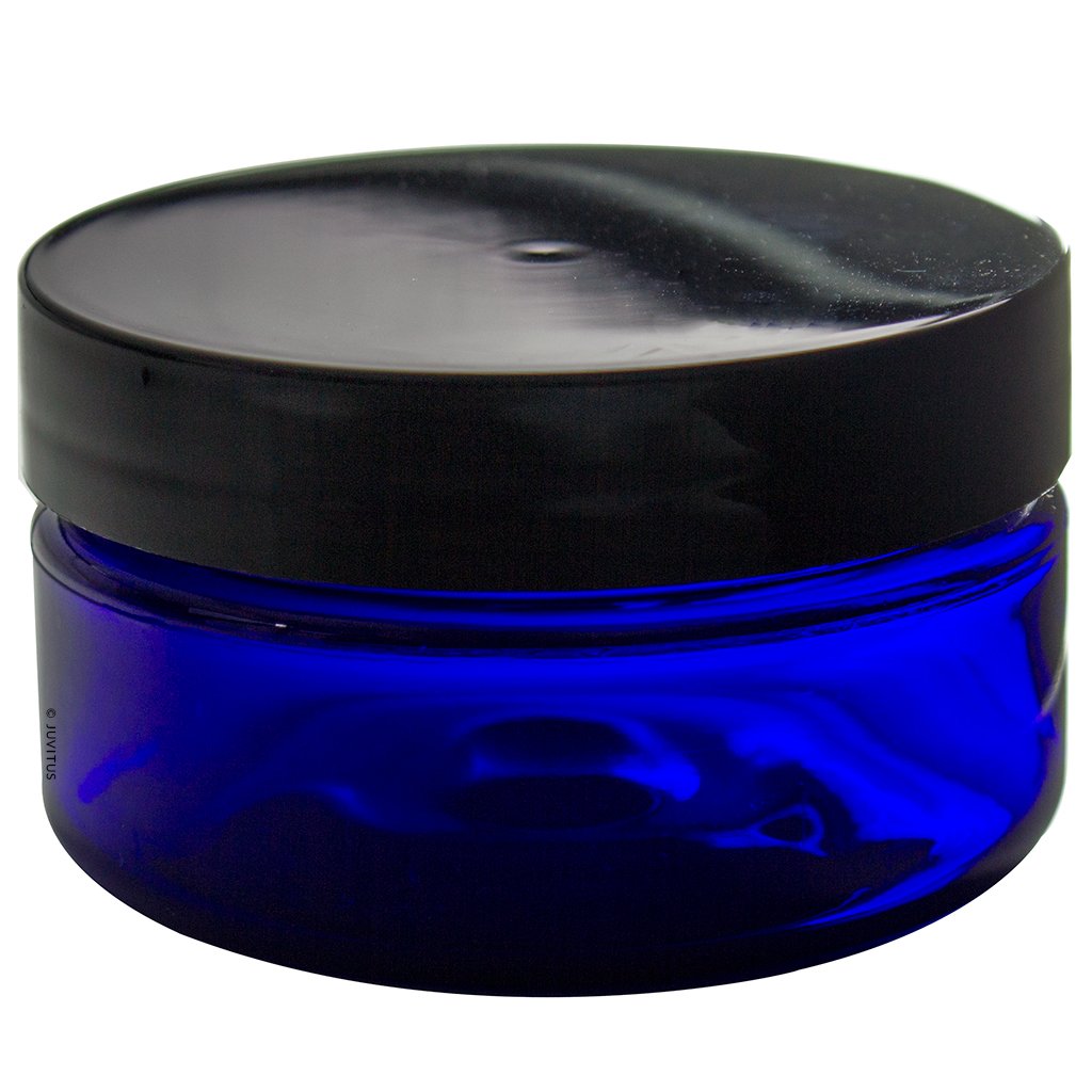 2 Oz Cobalt Blue Heavy Wall Plastic Refillable Low Profile Jar With Black Smooth Lid (6 Pack)